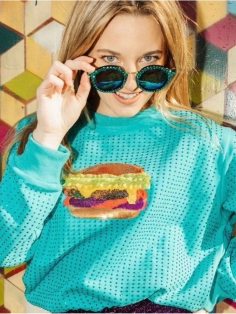 Queen of Sparkles Blue Sequin Burger Hamburger Sweater Size Small Rare